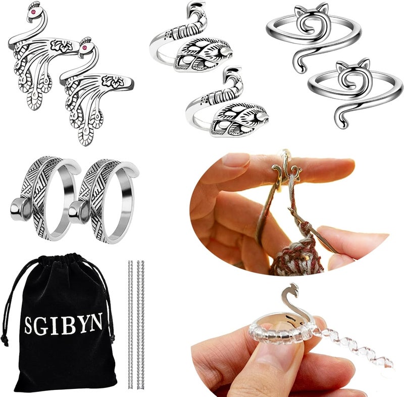 SGIBYN 8 Pack Adjustable Crochet Yarn Tension Ring for Crocheting, Crochet Ring for Finger, Peacock Cat Crochet Knitting Rings for Tension - Image 1